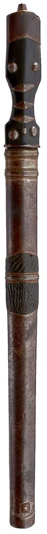 A LATE 18TH OR EARLY 19TH CENTURY BHUTANESE OR TIBETAN DAGGER,: 23.7cm watered steel blade, characteristic hilt with two-piece riveted horn grips set with iron studs, in its leather wrapped wooden scabbard with characteristic iron mounts and suspension ring.