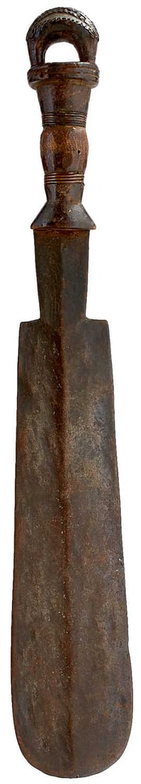 A 19TH CENTURY CONGOLESE NSAKARA TRIBE SHORT SWORD OR CHOPPER,: 33.5cm blade with raised medial ridge, characteristic carved wooden hilt with wire inlays, together with two large Poto sidearms or swords, both 19th Century. (3)