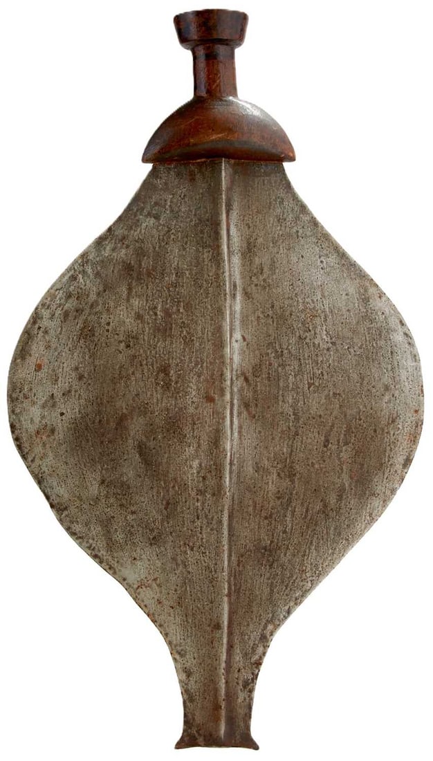 A 19TH CENTURY CONGOLESE NGUL YANZI KNIFE,: 29.5cm ovoid blade with raised medial ridge, characteristic carved wooden hilt, together with a further Congolese knife, Kuba Ikul and another Mbole. (3)