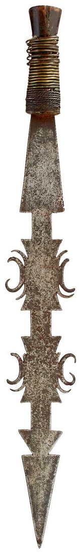 A LATE 19TH CENTURY CONGOLESE KONDA OR CURRENCY SWORD,: 41.5cm blade of characteristic form, together with a Cameroonian Kapsiki tribe throwing knifeand two similar short throwing knives, Baza tribe. (4)