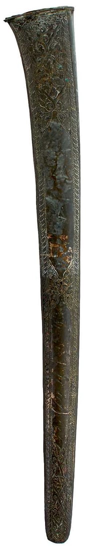 A 19TH CENTURY MALAYAN OR SUMATRAN SCABBARD OR DAGGER SHEATH,: 47cm tapering white metal wrapped wooden sheath, decorated with bands of geometric designs and panels of foliage.
