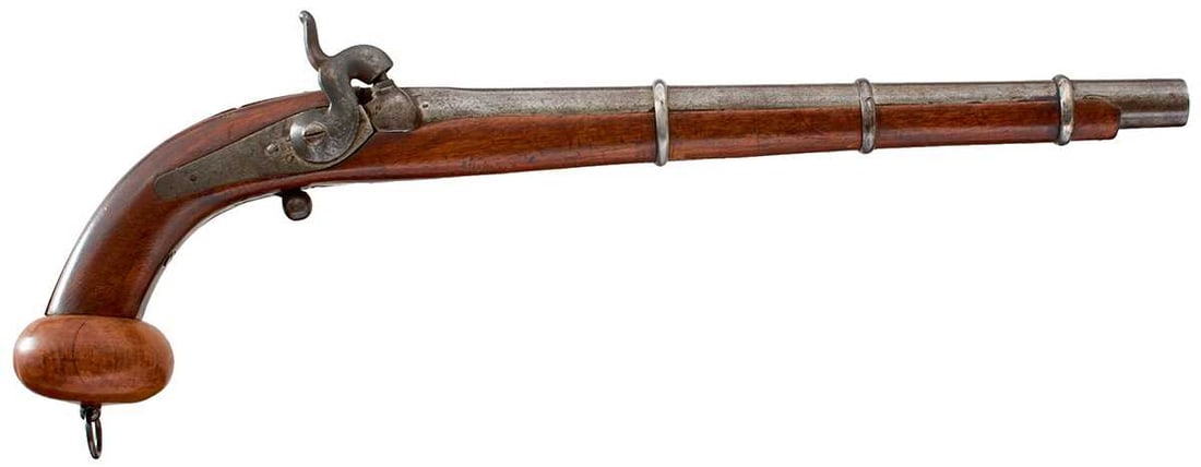 A CRIMEAN WAR PERIOD RUSSIAN COSSACK PERCUSSION MILITARY PISTOL: 12.5inch rifled barrel, Belgian Liege Contract model with Liege proofs, full stocked with regulation mounts, the bun-shaped butt with lanyard ring.