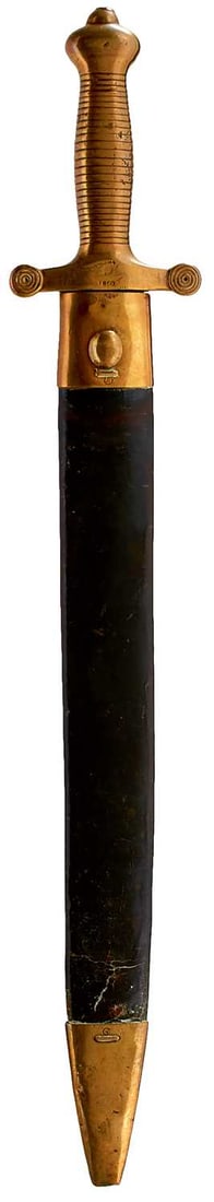 A CRIMEAN WAR PERIOD IMPERIAL RUSSIAN PIONEER'S SIDEARM OR SHORT SWORD,: 47.5cm leaf-shaped blade with various Ordnance stamps to one side of the forte, regulation brass gladius hilt dated 12850, ribbed grip, in its brass mounted leather wrapped wooden scabbard.