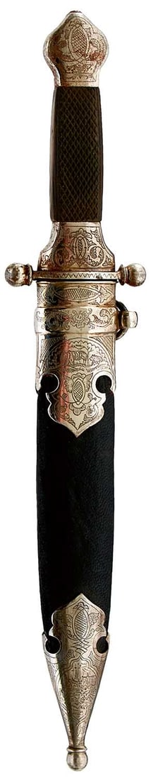 A 19TH CENTURY IMPERIAL RUSSIAN HUNTING DAGGER OR DIRK,: 18.2cm fullered blade etched with scrolling foliage, flowerheads, cherubs, wolves, an inscription and dated Zlatoust 1892, characteristic steel hilt decorated to match, chequered wooden grip, in its