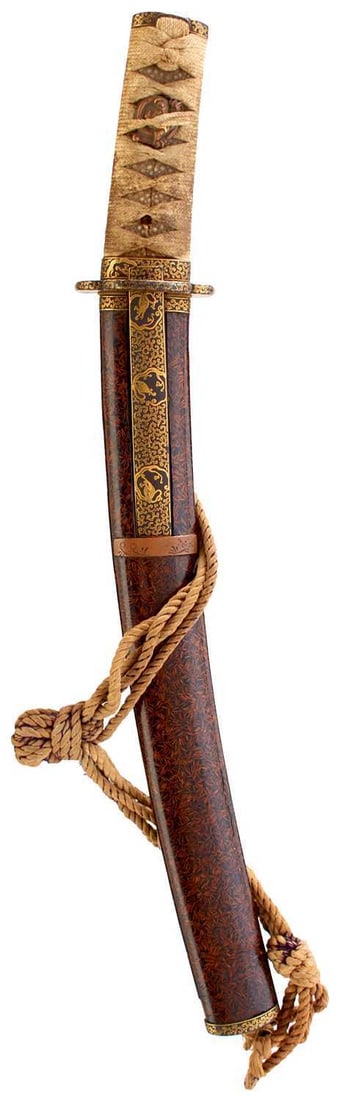 A TANTO,: 21.7cm Shinto blade with one mekugi-ana signed Bishu Osafune Morimitsu, suguha hamon, fully bound tsuka with iron fuchi-kashira decorated in gold with scrolls and rain dragons, soft metal coiled drago