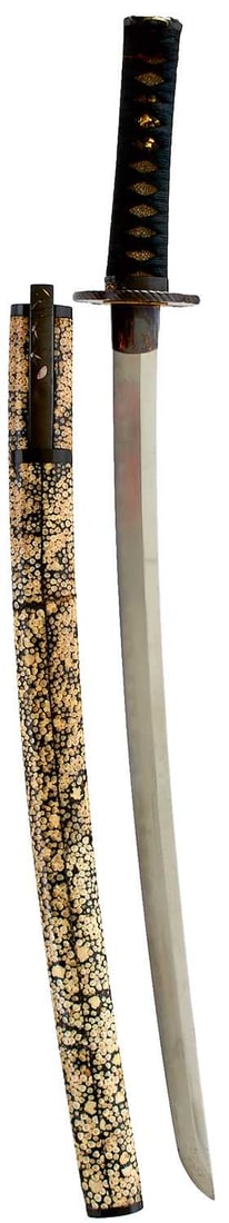 A WAKIZASHI,: 51.4cm koto blade with one mekugi-ana and yahazu hamon, signed Hiromasa (Soshu School), iron tsuba decorated with a plum tree in blossom with soft metal highlights, fully bound tsuka with matching sha