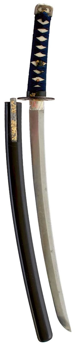 A WAKIZASHI,: 43.4cm Shinto blade with one mekugi-ana, rebound tsuka with unmatched soft metal fuchi and kabuto-gane, iron sukashi tsuba, in its black lacquered saya complete with kodzuka.