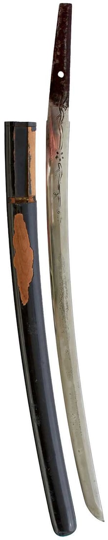 A WAKIZASHI BLADE,: 47.8cm Shinto blade with one mekugi-ana cut with a stylised prunus branch and bonji, in its damaged black lacquered saya.