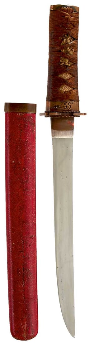 A TANTO,: 21.75cm blade with one mekugi-ana and signed indistinctly to both sides, fully bound tsuka with matching copper fuchi-kashira decorated with bamboo, birds and a stream, matching brass menuki in the