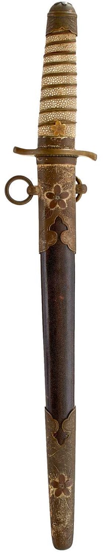 A SCARCE JAPANESE NAVAL OFFICER'S DIRK,: 18.7cm koto blade signed Hiromitsu, full bound tsuka with regulation brass mounts, in its polished same wrapped wooden saya with engraved regulation brass mounts.