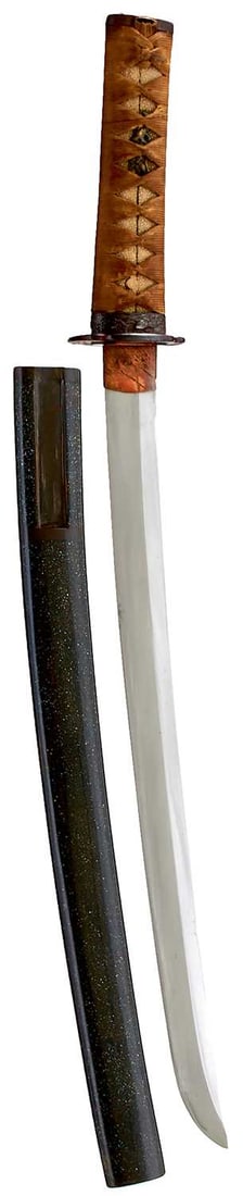 A WAKIZASHI,: 38.2cm Shinto blade with one mekugi-ana, fully bound tsuka with iron fuchi-kashira decorated with turtles and waves, soft metal menuki, iron tsuba with gilt decoration, in its mother of pearl flecked