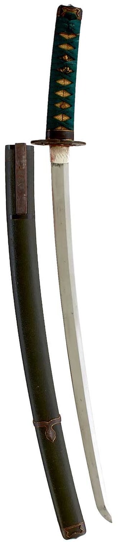 A HANDACHI MOUNTED WAKIZASHI,: 48.3cm Shinto blade with two mekugi-ana, gilt rimmed fuchi and kabuto-gane, shakudo and gilt horse menuki, iron sukashi tsuba, in its black ishime saya with mounts en suite with the tsuka, complete