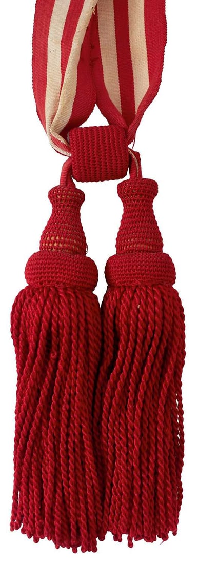 A SECOND WAR PERIOD IMPERIAL JAPANESE OFFICER OF THE DAY SASH,: triple red stripe and double white striped cloth sash with large red tassels.