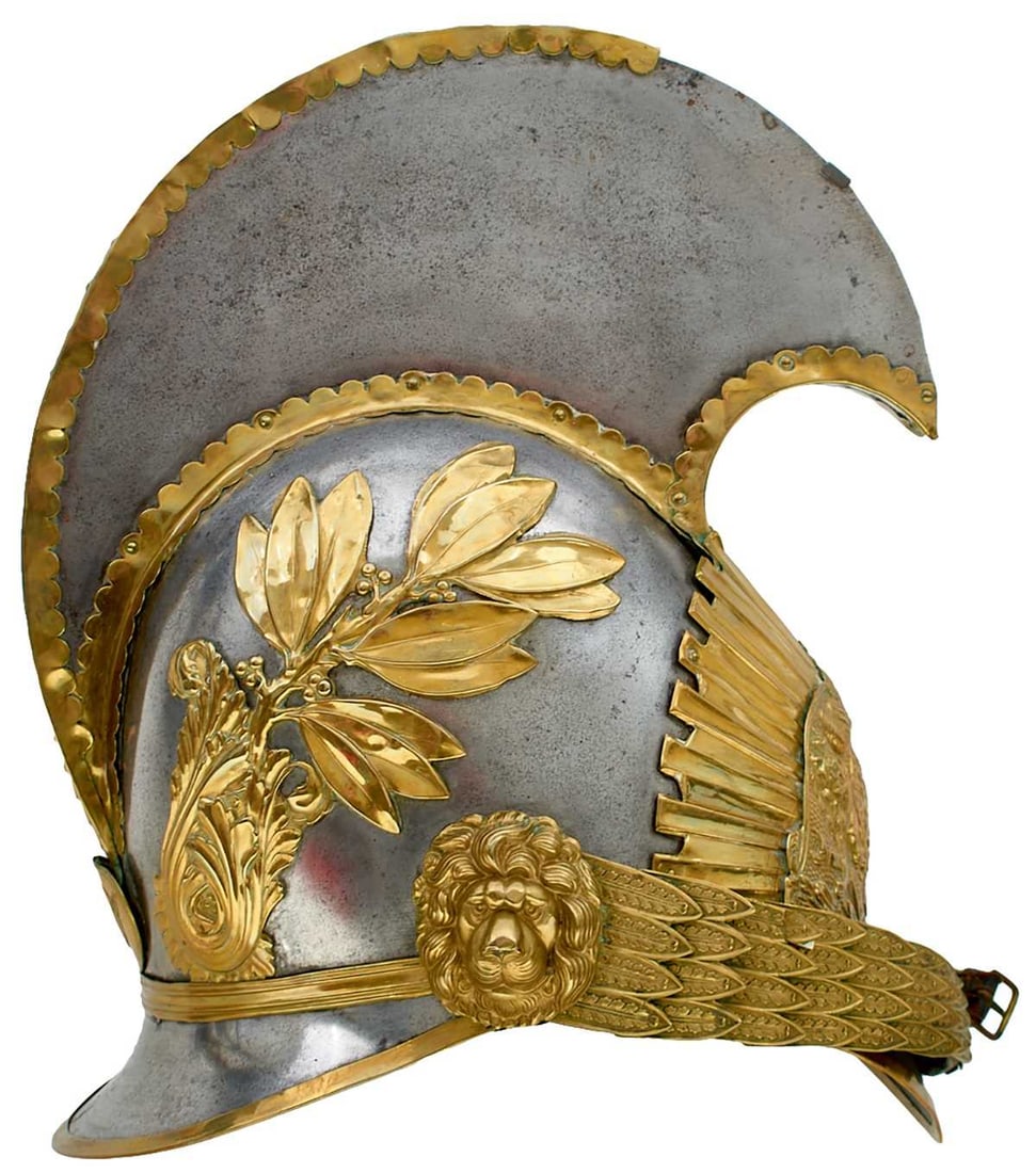 A SCARCE HOUSEHOLD CAVALRY 1817 PATTERN HELMET CONVERTED FOR IMPERIAL YEOMANRY USE,: the steel skull with embossed brass rayed helmet plate surmounted by an embossed Royal arms and mottos HONI SOIT QUI MAL Y PENSE and ICH DIEN DIEU ET MON DROIT, laurel spray trim, the back of the