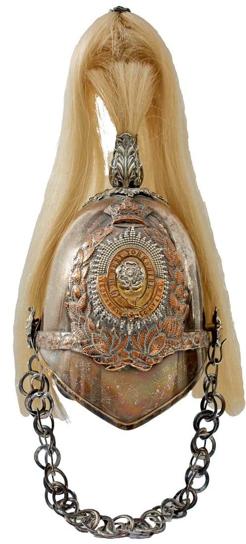 A 1ST WEST YORKSHIRE YEOMANRY CAVALRY OFFICER'S ALBERT PATTERN HELMET,: the white metal skull with plated copper fittings, crowned laurel wreath helmet plate with central rose with garter form regimental title, the whole on a faceted rayed star, acanthus finial with
