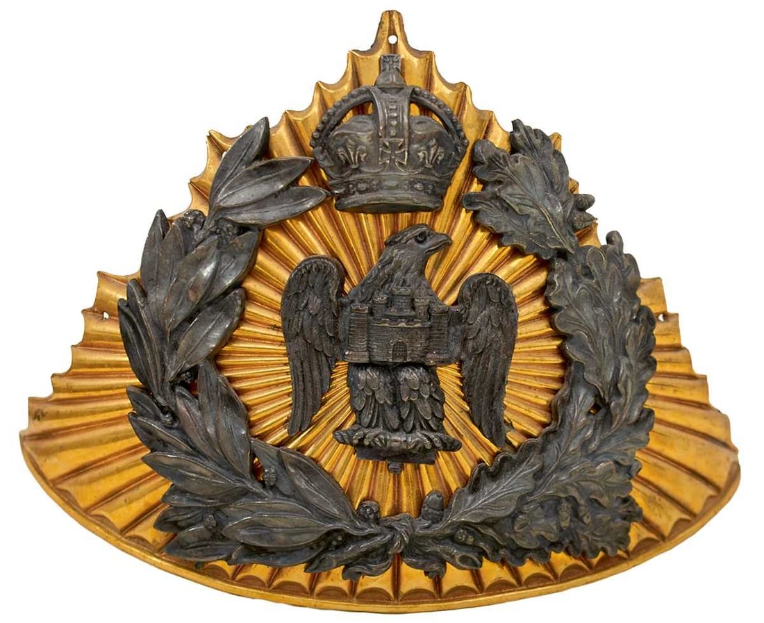 A POST 1902 OFFICER'S LANCE CAP PLATE OF THE BEDFORDSHIRE IMPERIAL YEOMANRY,: the rayed triangular gilt plate applied with a crown over eagle flanked by sprays of laurel and oak.