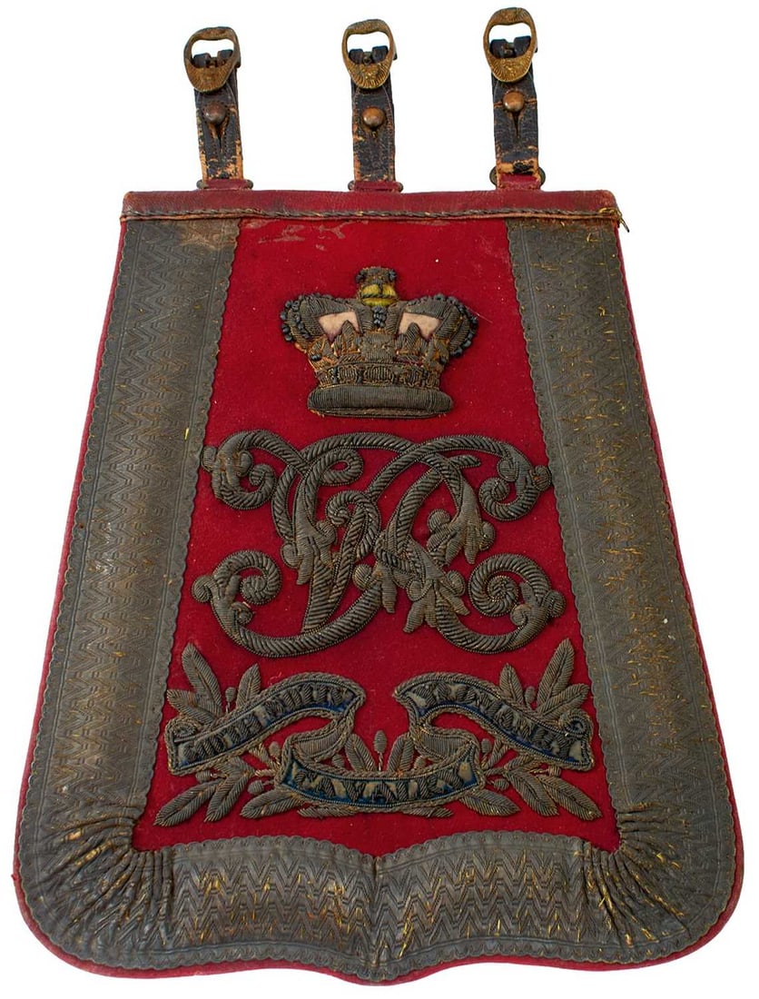 A VICTORIAN SOUTH NOTTINGHAMSHIRE YEOMANRY CAVALRY OFFICER'S SABRETACHE,: the red cloth covered body with bullion ribbon border, bullion crowned VR cypher over laurel leaf spray with banner form regimental title, plain red leather back. Worn.