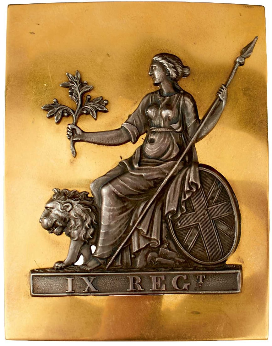 A 9TH (EAST NORFOLK) REGIMENT OFFICER'S SHOULDER BELT PLATE,: gilt rectangular plate applied with white metal figure of Britannia, a lion and a shield, over IX REGT, leather liner.