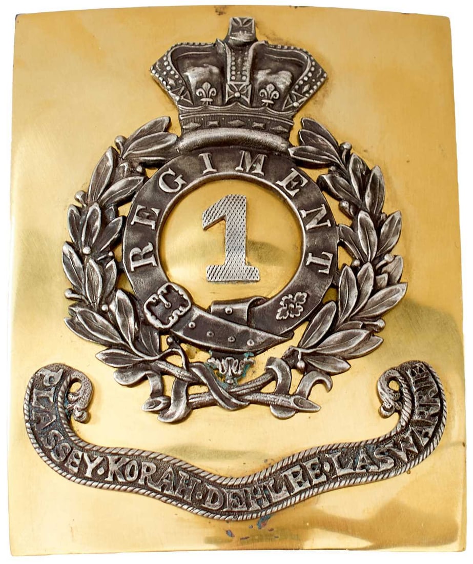 INDIAN ARMY: A 1ST BENGAL NATIVE INFANTRY OFFICER'S SHOULDER BELT PLATE,: the rectangular gilt plate applied with a white metal crown surmounting a laurel wreath centred by 1 surrounded by REGIMENT in a strap, battle honours PLASSEY, KORAH, DEHLEE and LASWARRIE in a scroll