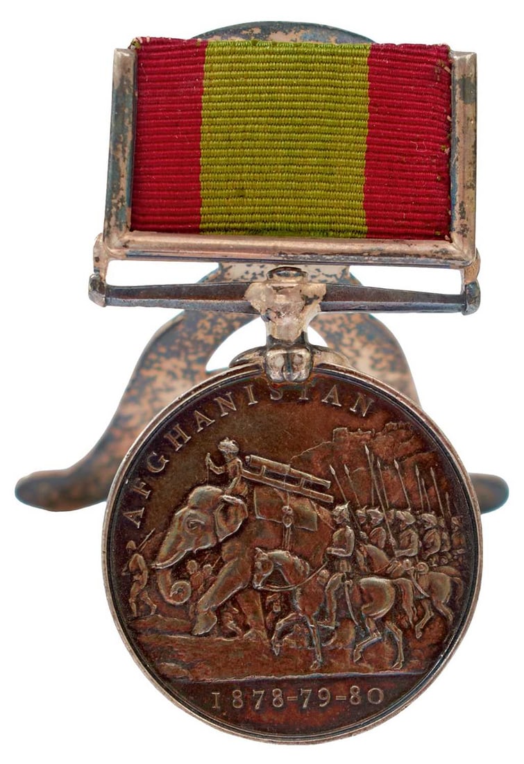 AFGHANISTAN 1878-1880 MEDAL,: to 1198. SEGT. F. A. DAWES 6. D. GDS. now mounted with a hallmarked silver menu stand Birmingham 1906.