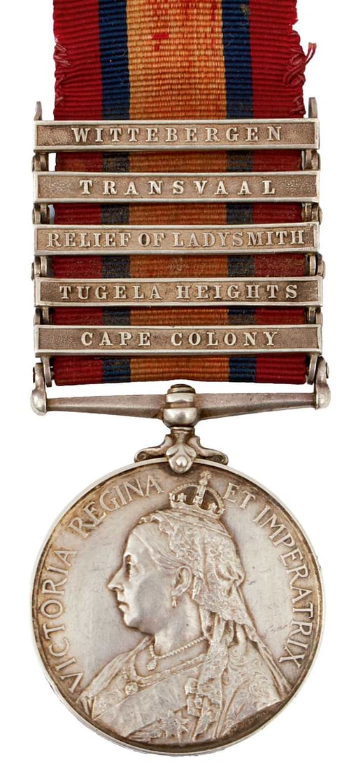 QUEEN'S SOUTH AFRICA MEDAL TO CORPORAL FAR & CAR ASC,: named to 7851 CPL. FAR: & CAR: STH: J.F. BRICKSTOCK ASC, clasps for WITTEBERGEN, TRANSVAAL, RELIEF OF LADYSMITH, TUGELA HEIGHTS and CAPE COLONY.
