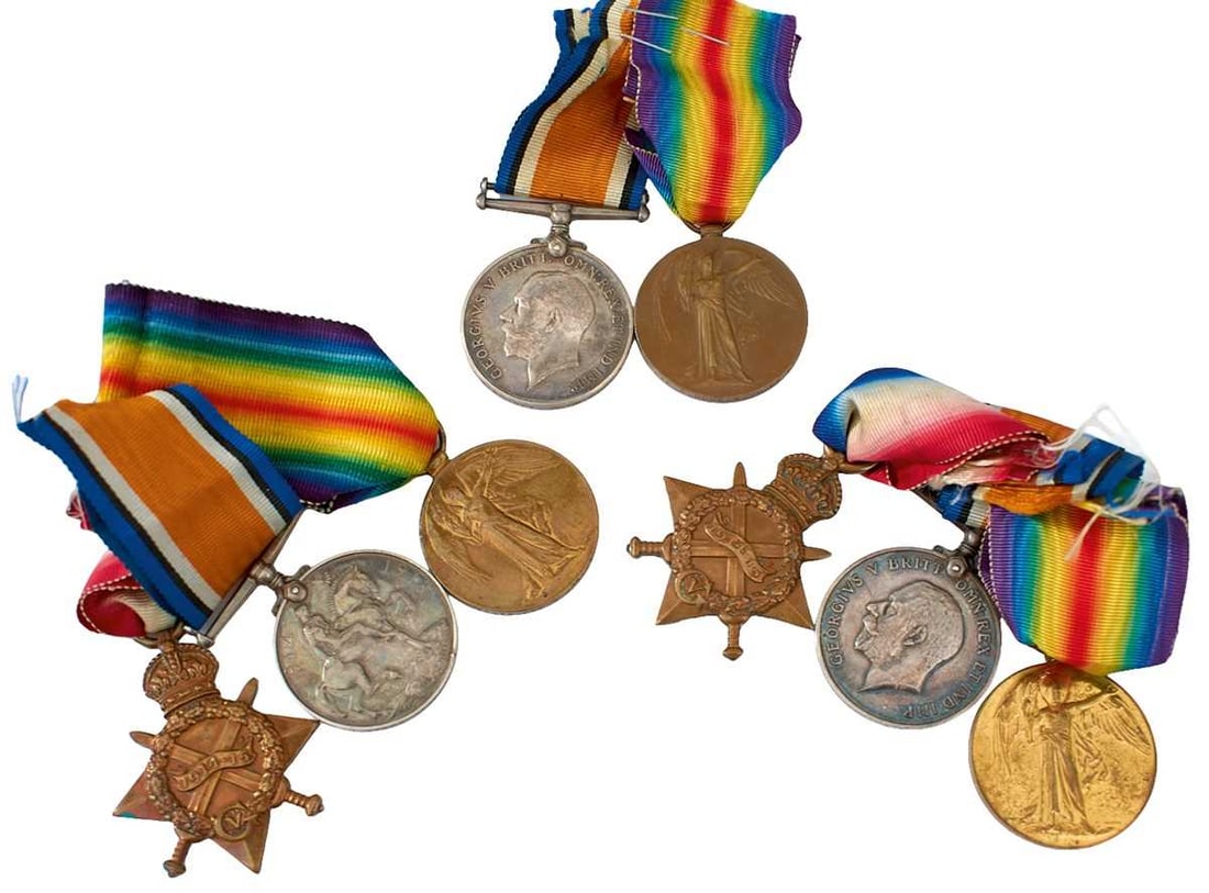 A GROUP OF THREE SETS OF FIRST WAR MEDALS TO THE SAME FAMILY,: comprising 1914-15 STAR TO L-CPL. C. RUMSEY ESSEX R., British War Medal and Victory Medal to 12573 PTE C. RUMSEY, a further trio to 308329 T. RUMSEY S.P.O. RN. and a pair to 2577 PTE. S. RUMSEY D. OF