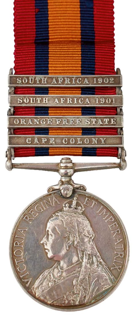 QUEEN'S SOUTH AFRICA MEDAL TO PRIVATE HINCHCLIFFE MANCHESTER REGIMENT,: 7797 PTE F. HINCHCLIFFE. MANCHESTER REGT, clasps for CAPE COLONY, ORANGE FREE STATE, SOUTH AFRICA 1901 and SOUTH AFRICA 1902.
