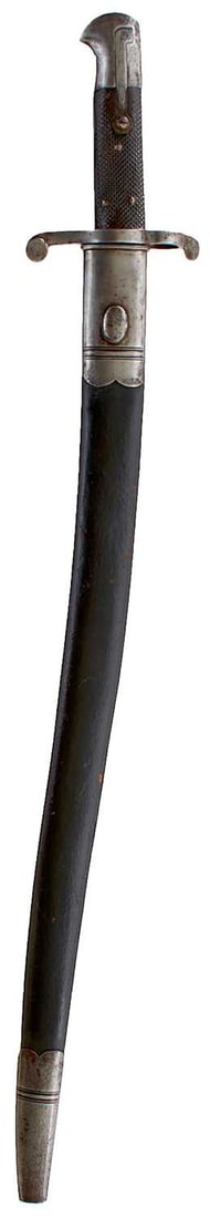 AN 1856 PATTERN SWORD BAYONET,: 58cm fullered yataghan blade stamped with number 7 on the back edge, regulation steel hilt with two-piece riveted chequered grips, in its steel mounted leather scabbard.