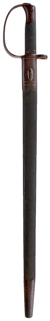 AN 1879 PATTERN ARTILLERY BAYONET,: 65.5cm fullered saw backed blade with various Ordnance and date stamps to either side of the forte, regulation steel hilt with D-shaped knuckle guard, chequered leather grips, in its steel mounted