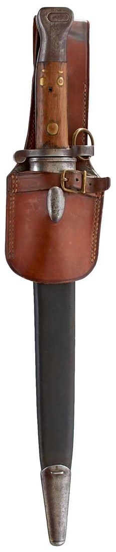 AN 1888 MKI PATTERN BAYONET,: 30.5cm flattened diamond section blade with various Ordnance stamps and dates at the forte, regulation steel hilt with two-piece riveted wooden grips, in its steel mounted leather scabbard complete