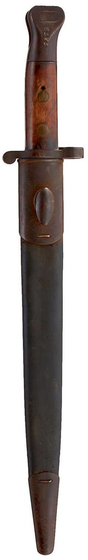 AN 1888 MKI PATTERN SECOND TYPE BAYONET,: 30.5cm flattened diamond section blade by Sanderson of Sheffield, regulation steel hilt with two-piece riveted wooden grips, in its steel mounted leather scabbard.
