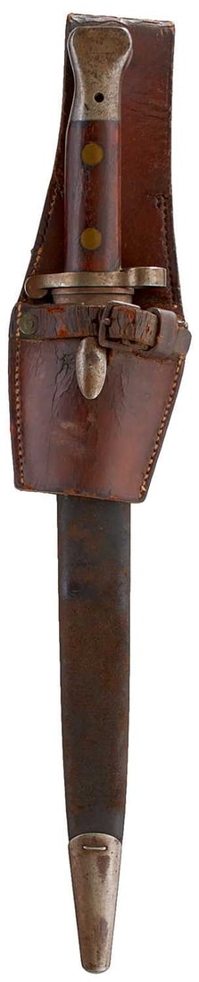 AN 1888 MKII PATTERN BAYONET,: 30.5cm flattened diamond section blade with various Ordnance stamps and dates at the forte, regulation steel hilt with two-piece riveted wooden grips, in its steel mounted leather scabbard, complete