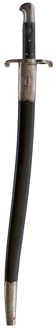 AN 1863 PATTERN WHITWORTH RIFLE SWORD BAYONET,: 57.5cm recurved fullered blade with various Ordnance stamps, regulation hilt with chequered leather grips, the crossguard stamped 2.60.320 for the 2nd Battalion the 60th, The King's Royal Rifle