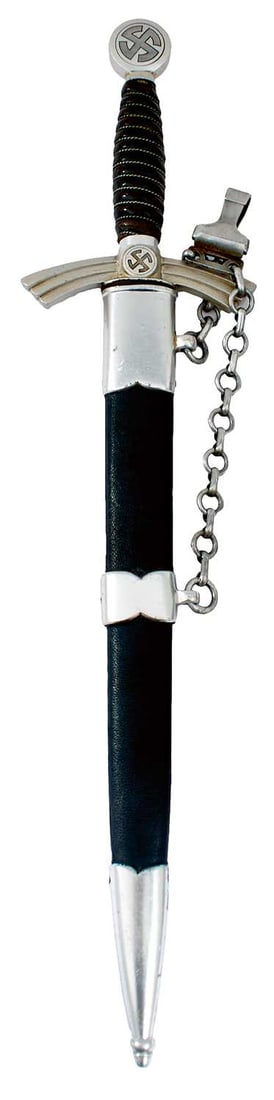 A THIRD REICH FIRST PATTERN LUFWAFFE OFFICER'S DAGGER,: 29.5cm flattened diamond section blade by Tiger of Solingen regulation alloy hilt with wire bound leather grip, in its alloy mounted leather wrapped steel scabbard, complete with hanging chains.