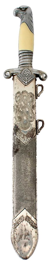 A THIRD REICH RAD LEADER'S DAGGER OR HEWER,: 26cm fullered falchion blade by Alcoso of Solingen, etched with the motto Arbeit adelt, regulation plated hilt with white celluloid grip, in its engraved and stippled plated steel scabbard. Engraved