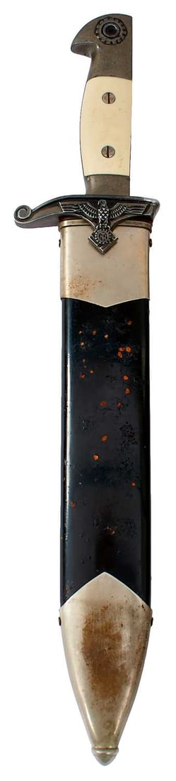 A THIRD REICH OTHER RANKS TENO HEWER OR DAGGER,: 24.75cm fullered falchion blade by Eickhorn of Solingen, serial no. 6560, regulation plated hilt with two-piece white celluloid grips, in its black painted plated mounted steel scabbard, serial no.