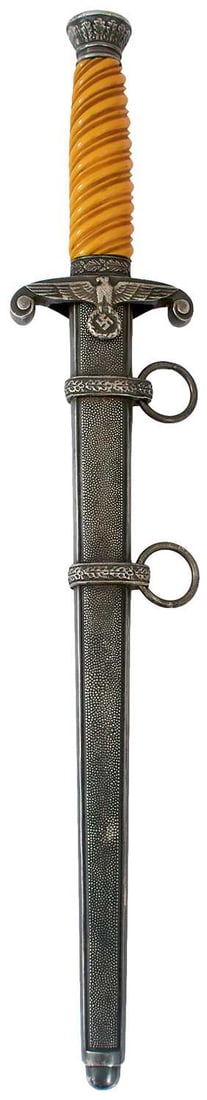 AN EARLY THIRD REICH ARMY OFFICER'S DAGGER,: 25.5cm flattened diamond section blade, regulation plated hilt with spirally fluted orange celluloid grip, in its stippled steel scabbard.