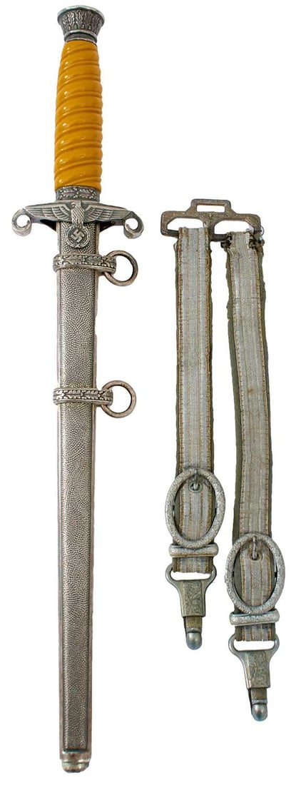 A THIRD REICH ARMY OFFICER'S DAGGER,: 25.5cm flattened diamond section blade by Holler of Solingen, regulation plated hilt with spirally fluted orange celluloid grip, in its plated stippled steel scabbard, complete with straps.