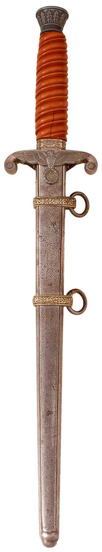 A THIRD REICH ARMY OFFICER'S DAGGER,: 25.75cm flattened diamond section blade by Gustav Spitzer, regulation alloy hilt, orange celluloid grip, split, in its plated stippled steel scabbard.