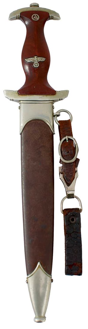 A THIRD REICH SA DAGGER,: 22cm flattened diamond section blade by Eickhorn, etched with the motto Alles fur Deutschland, regulation nickel mounted holbein hilt, the crossguard with Westfalen District stamp and owner's membersh