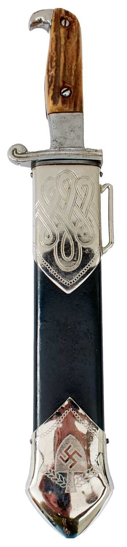 A THIRD REICH RAD HEWER,: 24cm clipped back fullered blade, sharpened for use and with partial Eickhorn stamp, regulation plated hilt with two-piece natural stags horn grips, plated mounted black painted steel scabbard. Serial