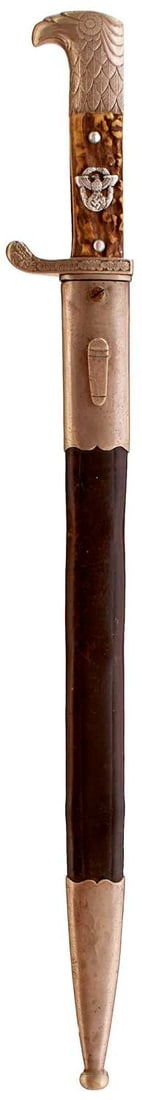 A THIRD REICH POLICE BAYONET,: 33cm fullered plated bade by Ewald Cleff, lifting, regulation alloy hilt with two-piece riveted horn grips set with the white metal badge, in its nickel mounted leather scabbard.