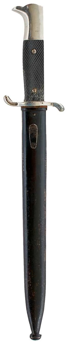 A THIRD REICH ETCHED FIRE SERVICE BAYONET,: 25cm plated fullered blade by Holler, etched with the presentation inscription Fur 25 Jahrige Treue Dienstzeit, plated hilt with two-piece chequered bakelite grips, in its black painted steel scabbard