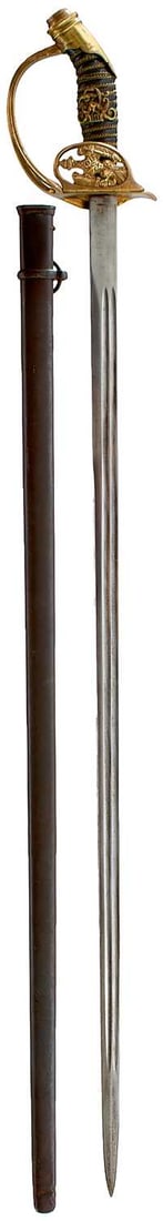 A WORLD WAR I GERMAN PRUSSIAN OFFICER'S MODEL 1889 SWORD TO THE 8TH GRENADIER REGIMENT,: 81cm double fullered blade, brass hilt with folding eagle guard, unusual brass FRW III monogram to the grip, contained in its black painted scabbard. The Leib-Grenadier-Rgt Konig Friedrich Wilhelm