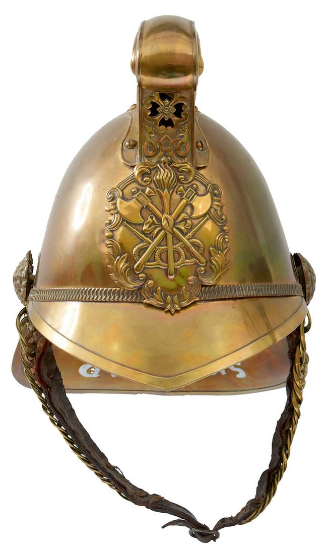 A BRASS FIREMAN'S HELMET OF SHEFFIELD INTEREST, (1 of 12)
