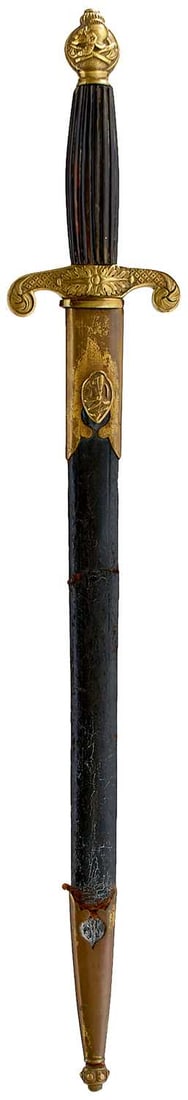 A RARE IMPERIAL GERMAN OR ALSACE FIRE OFFICIALS DIRK OR SIDEARM,: 38cm double fullered blade, regulation brass hilt, the crossguard decorated with crossed axes, the spherical pommel decorated with crossed axes and a helmet, reeded wooden grip, in its brass mounted l