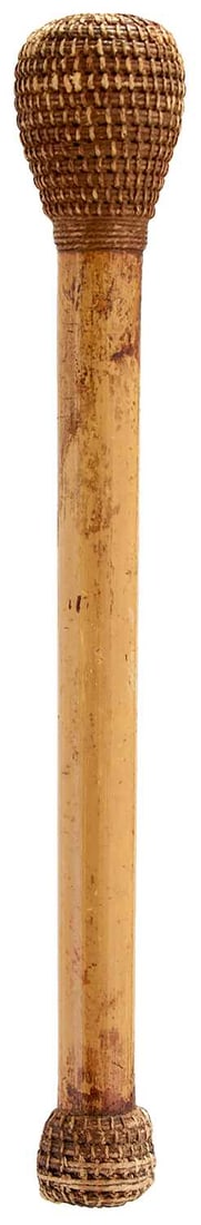 A 19TH CENTURY WEIGHTED COSH OR PERSUADER,: probably naval and for a bosun, cord bound ends and painted wooden haft, 27cm long, together with three other various coshes, the longest 48cm long, and a brass mounted mahogany parallel ruler. (5)