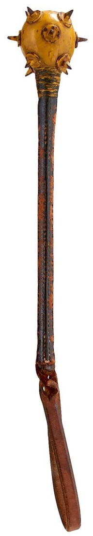 A WORLD WAR I TRENCH MACE OR COSH,: the spiked spherical head retaining some yellow paint, wire bound collar, flexible leather covered handle, leather wrist loop, 28cm long excluding loop.