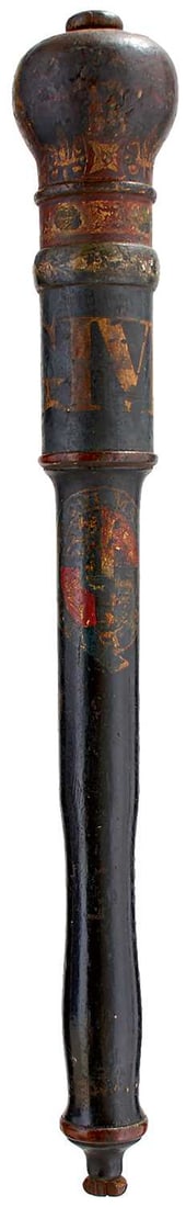 THREE VARIOUS 19TH CENTURY TRUNCHEONS,: comprising a George IV mallet shaped truncheon with crown head decorated in polychrome above GIVR and a polychrome coat of arms below, 45.5cm long, together with a Victorian truncheon with initials