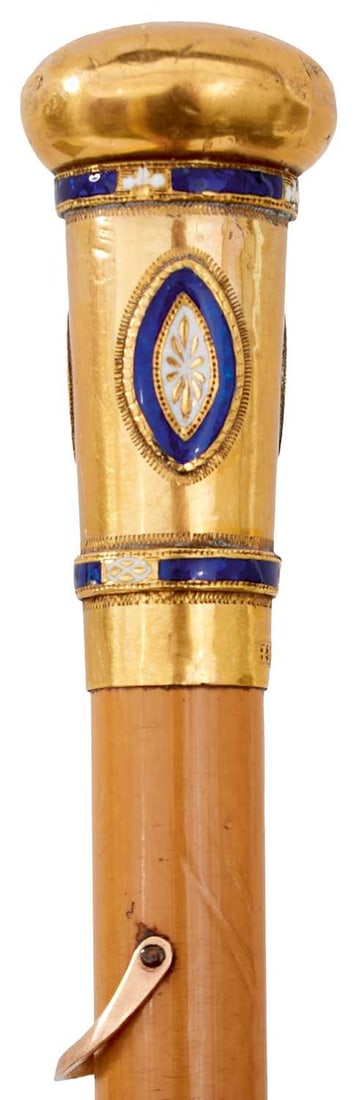 A GEORGE III GOLD AND ENAMEL MOUNTED LADY'S RIDING CROP, (1 of 12)